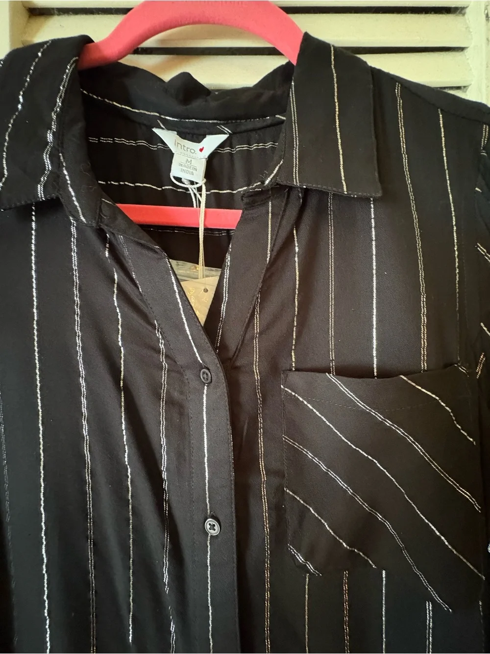 Black Pinstripe Button-Up Tunic Shirt Dress